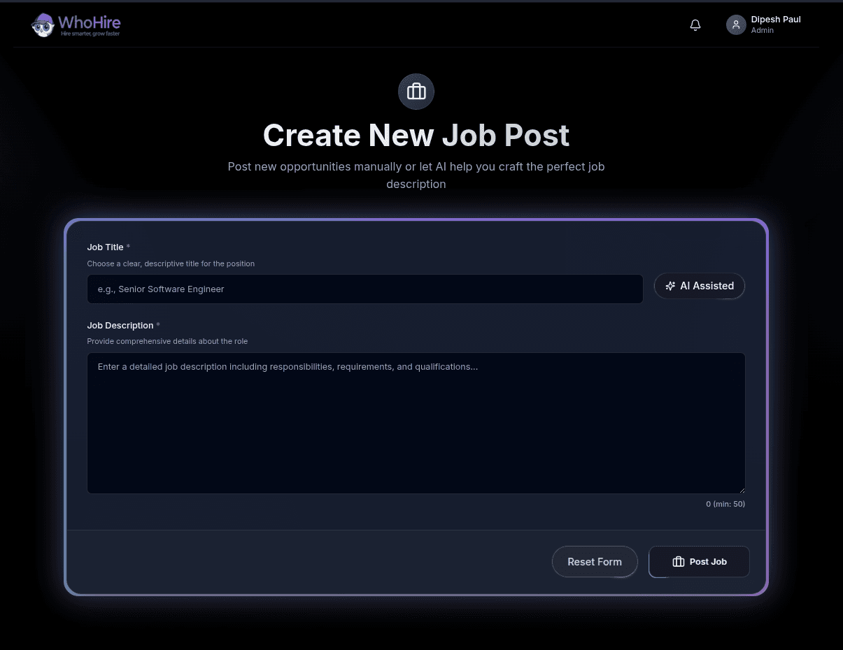 WhoHire Job Posting Interface
